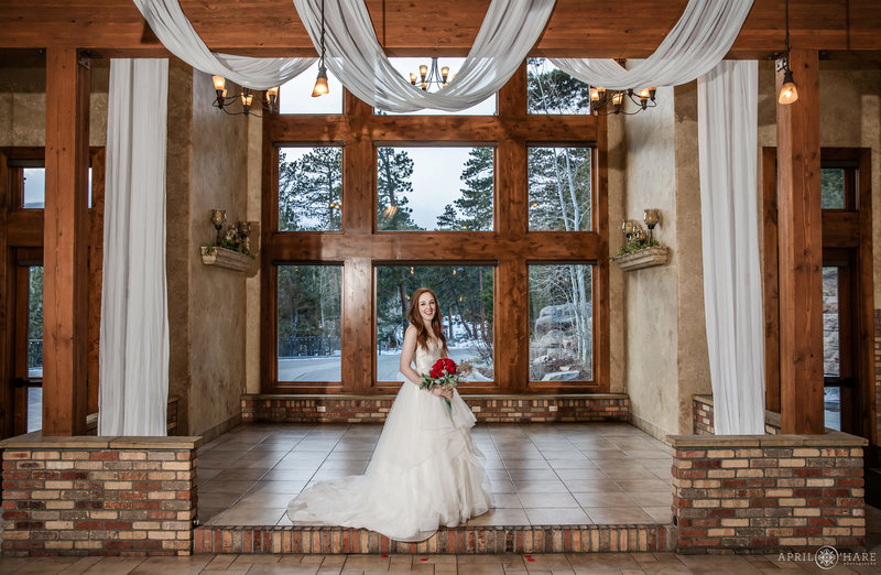 A classic bridal portrait indoors during winter at Della Terra Mountain Chateau