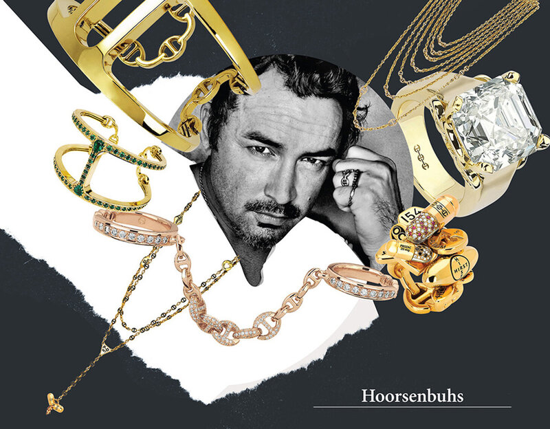 Branding portrait Vogue Magazine Robert Keith  Hoorsenbuhs Luxury Jewelers black and white closeup hand to cheek surrounded by hold jewelry
