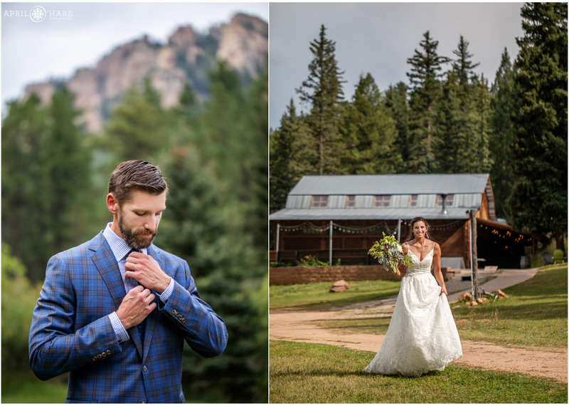 Bride and Groom outdoors on their Colorado wedding day with a barn in the mountains