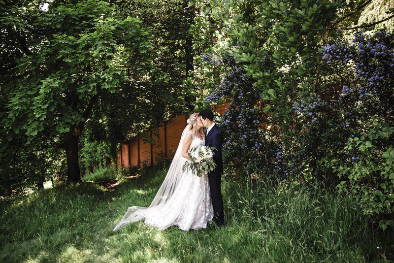 bride and groom in trees at World Forestry Center in Portland, Oregon