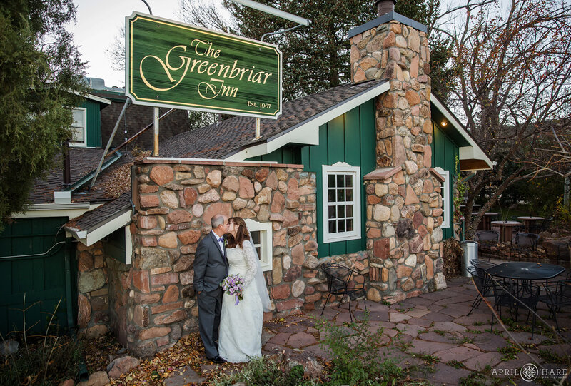 Wedding Couple next to the historic Greenbriar Inn Restaurant in Boulder CO
