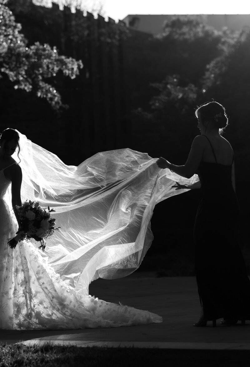Flowing veil shot in black and white at Loyola, Maryland Wedding