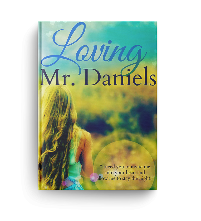 the back of a blonde woman in a green dress on the cover of romance novel 'loving mr. daniels' by brittainy cherry