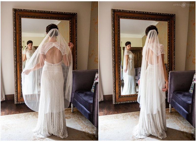 Bride gets ready in the bridal suite at Blackstone Rivers Ranch