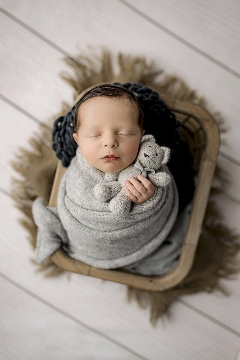 newborn is wrapped in Gray holding a teddy bear while gently placed in a crate on a wood floor