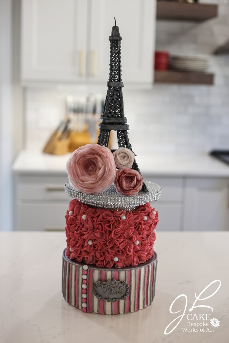 pink paris cake, royal icing eiffel tower, and easy wafer paper ranunculus