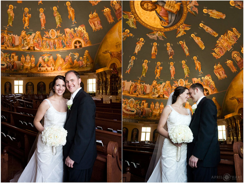 Wedding portraits done inside Assumption of the Theotokos in Denver CO