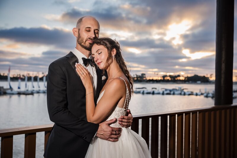 Bridal portraits overlooking the harbor at Paradise Point, San Diego wedding venue