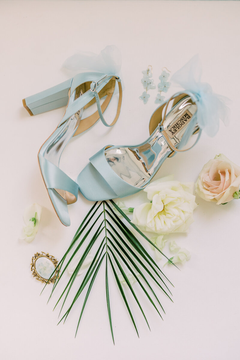 Light blue high heel shoes on table with green palm and roses