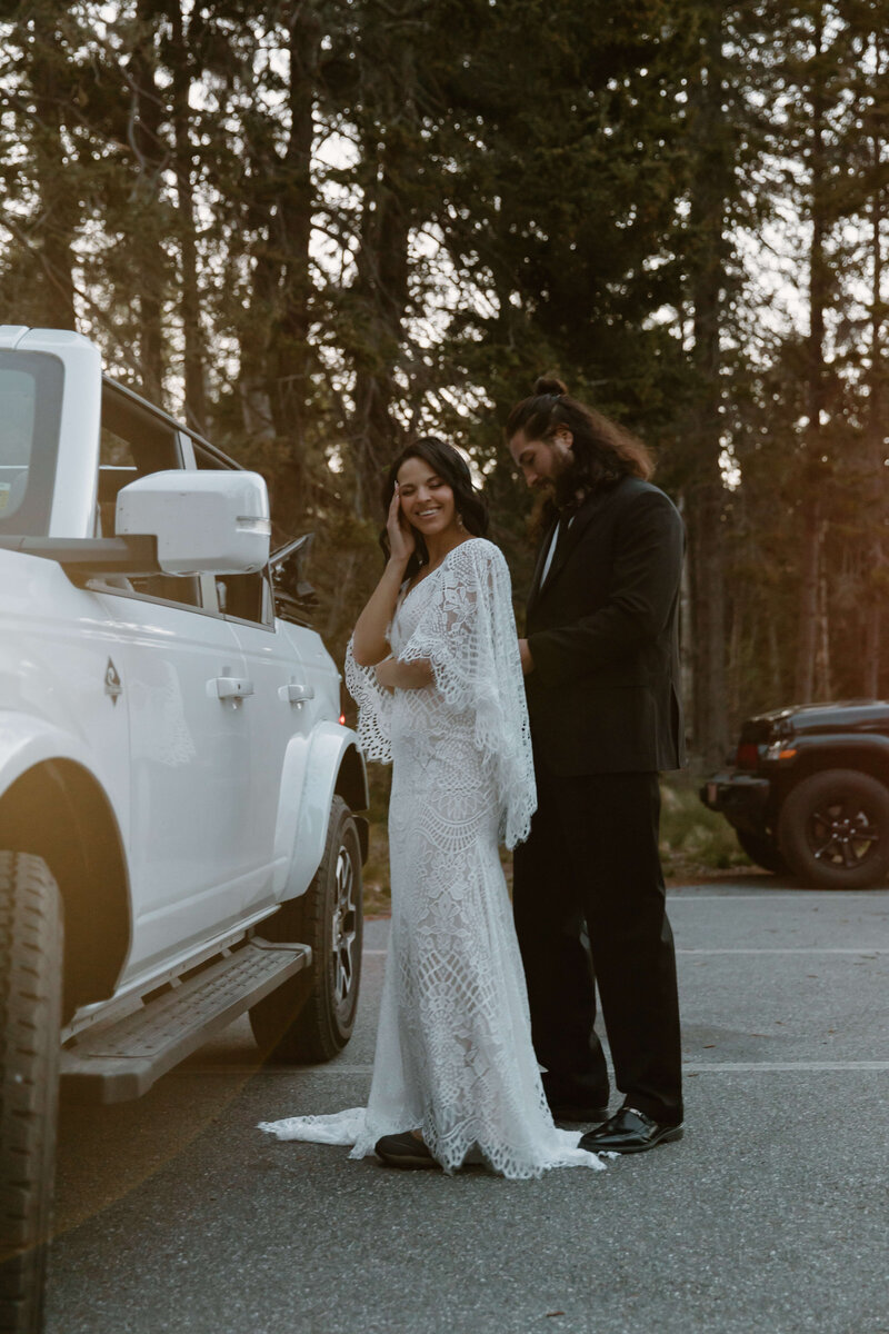 Bride and Groom getting ready for sunrise elopement in maine