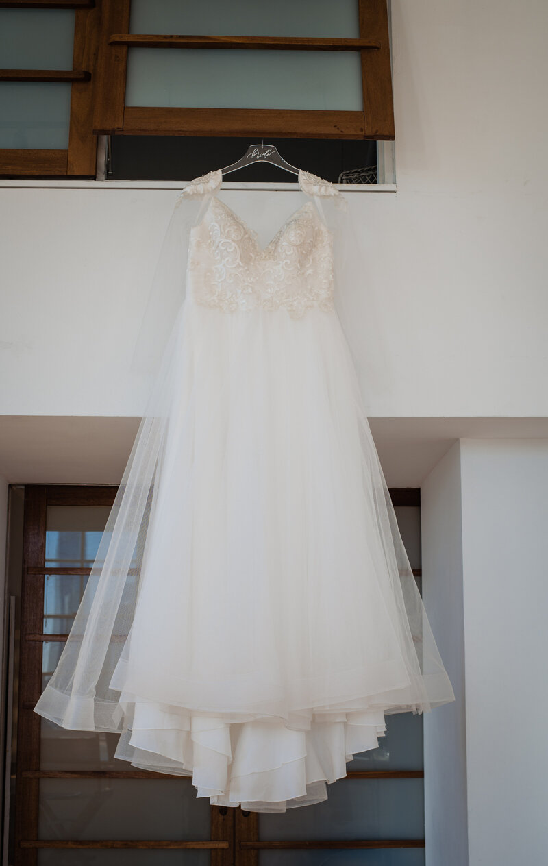 Beautiful bridal wedding gown with with tulle and bead appliques for styled shoot