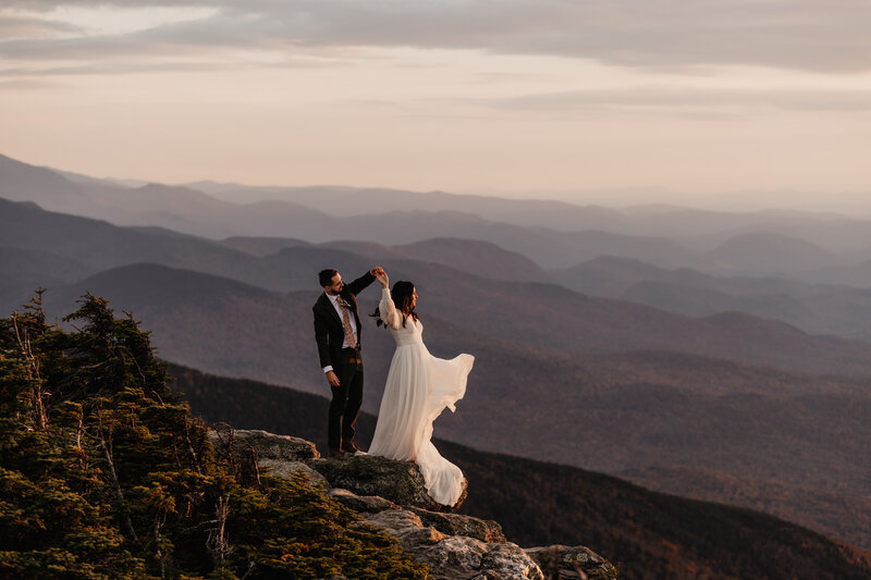 Couple hikes to mountain top of highest point in Vermont for Mount Mansfield elopement