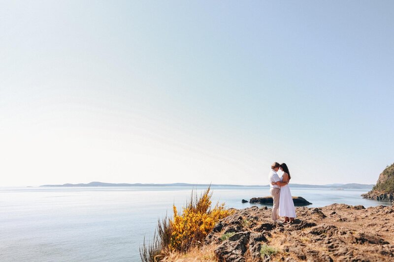 Bride and groom and brace on a cliff overlooking the ocean.
