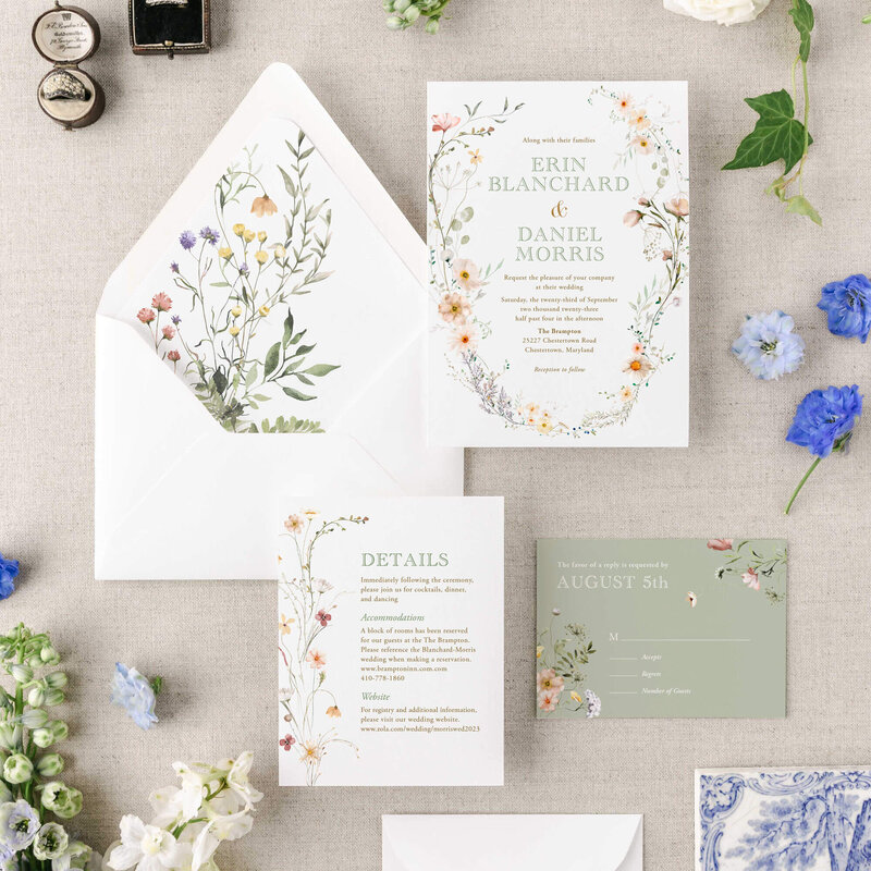 Custom romantic wedding invitation suite with with botanical touches