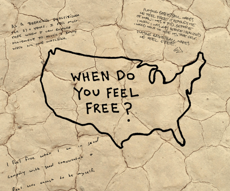 "When Do You Feel Free?" Drawn Outline Of The United States With The Phrase "When Do You Feel Free?" Written Inside The Outline.