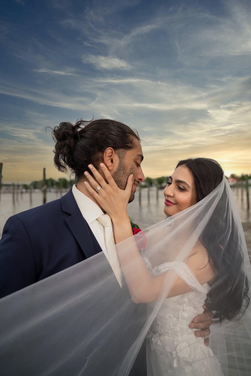 Wedding couple with veil