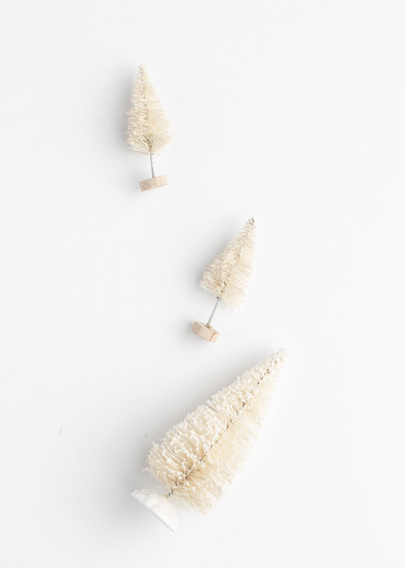 Neutral bottle brush trees styled for a calm, classic look - a seasonal touch from pictures with Santa Tulsa.