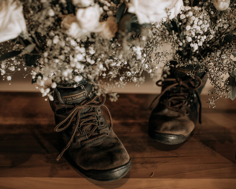 flowers in hiking boots