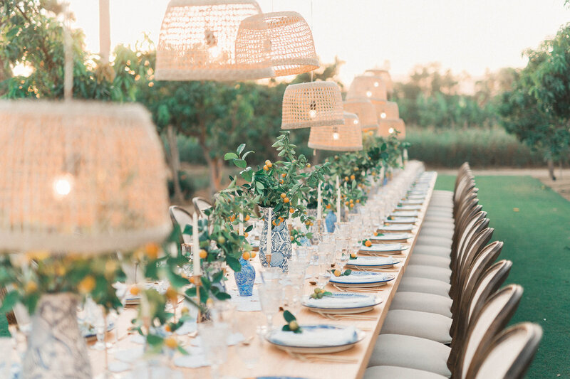 Outdoor wedding reception set up with long wooden table decorated with blue etched vases with vines and small orange fruits inside.