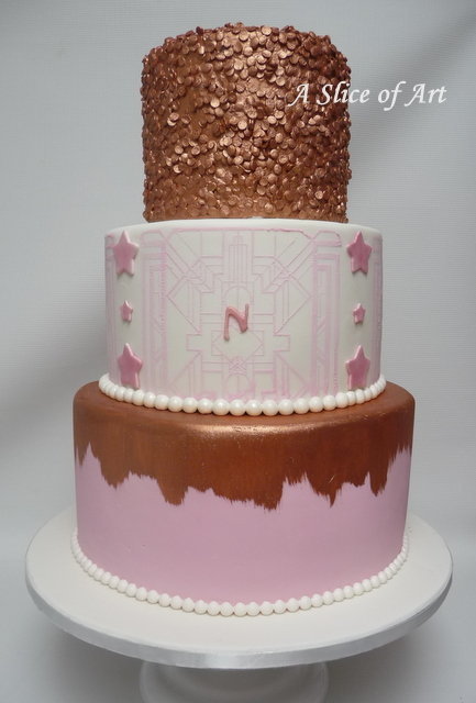 rose gold painted stenciled confetti birthday cake
