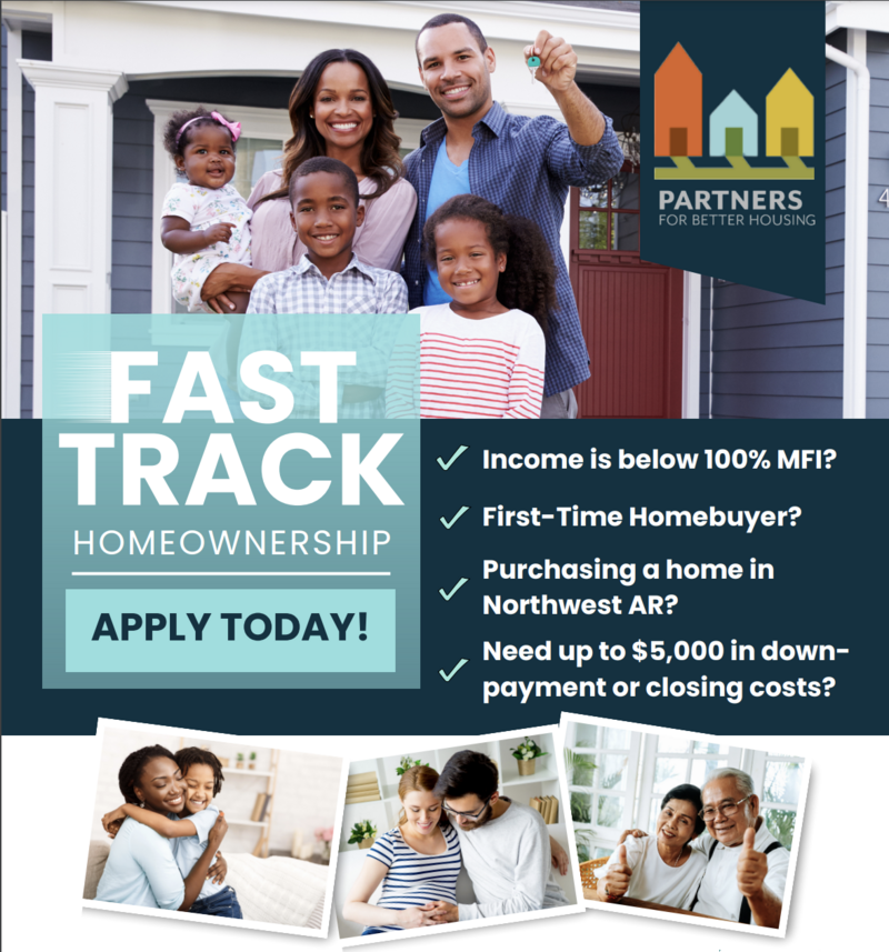 partners Fast Track to Honeownership Trast Track to Homeownership Flyer that encourages visitors to apply today. Itt has teh logo of Partners o it, with 4 photos of divers, happy families