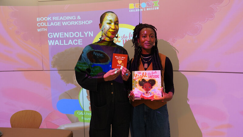 Image of Gwendolyn Wallace and Michaela Ayers  holding promotional material for the audience engagement program.