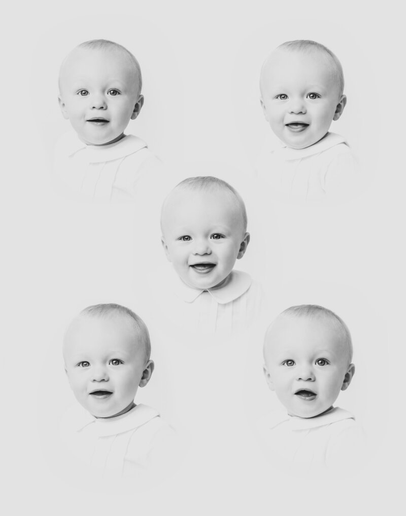 Composite of 5 black and white images of smiling baby boy by Worth Capturing