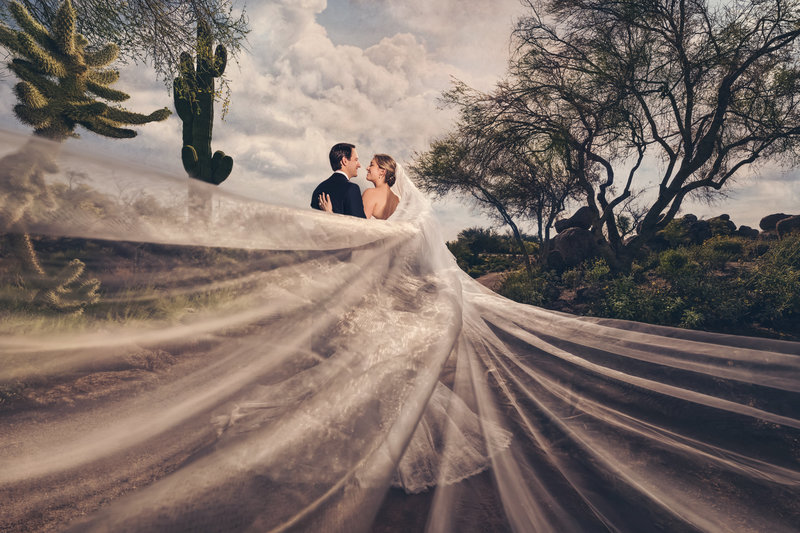 Bride and Groom in the desert in Scottsdale, AZ with dramatic lighting and dramatized wedding veil