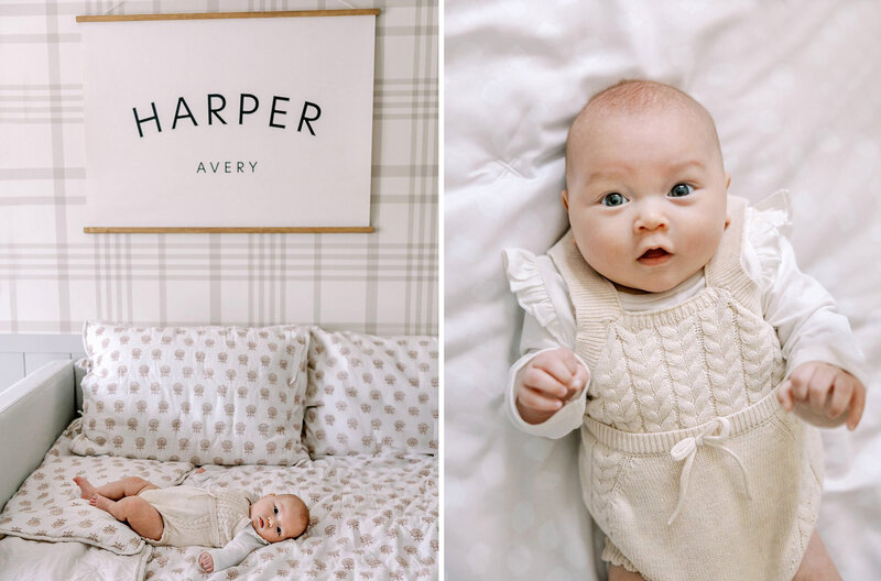 A lifestyle portrait session of a baby girl named Harper in her nursery in Los Angeles