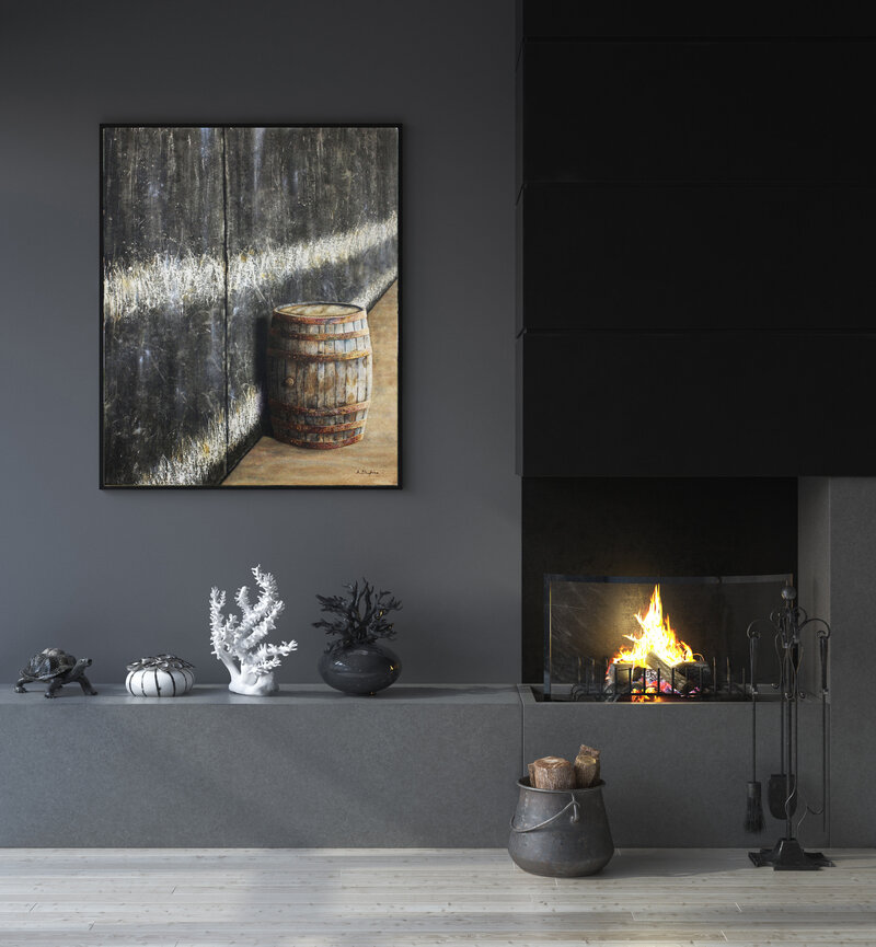 Tenure on dark grey wall, small fireplace