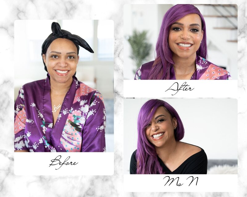 woman with purple hair before and after a boudoir photography session