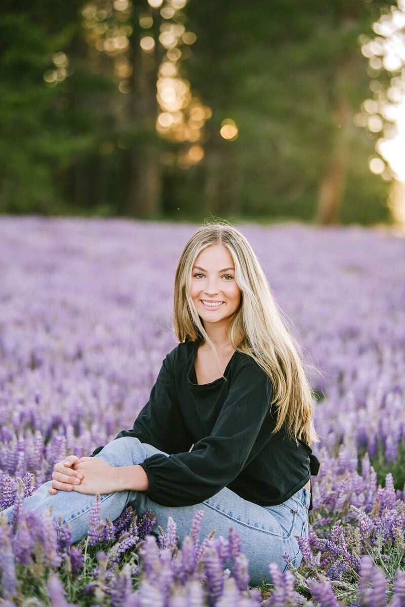 Senior girl in jeans sitting in a field of purple short lupines at Prosser in Truckee at sunset light