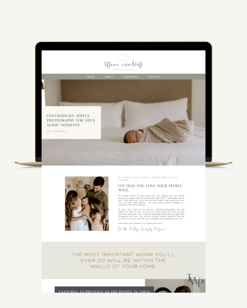 Screen capture of Tiffani Woodruff Photography Showit website design displayed on gold macbook pro