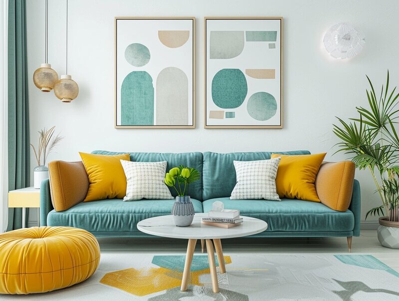A modern living room with a teal sofa, yellow accents, geometric wall art, and contemporary decor.