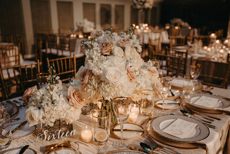 Gold white and peach wedding table at Schermerhorn Symphony Center