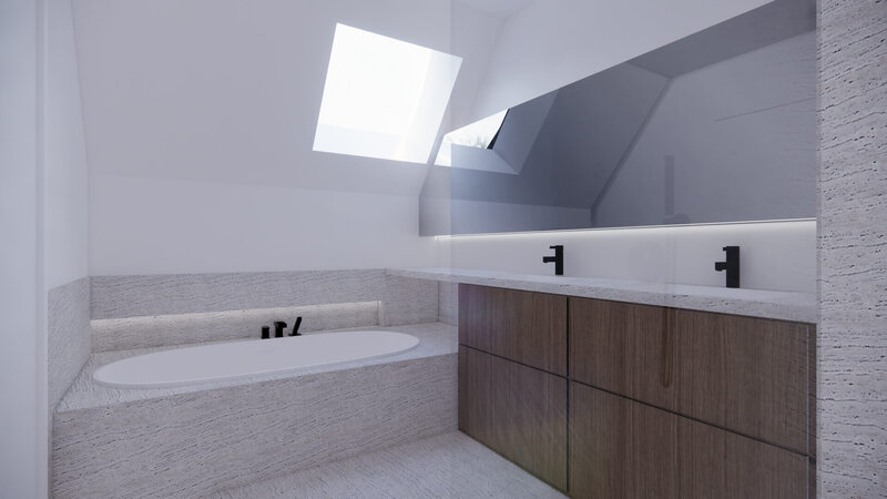 te Genk : Badkamer met travertin en gebeitste eiken fineer met zwarte kranen en ingewerkte nis met LED