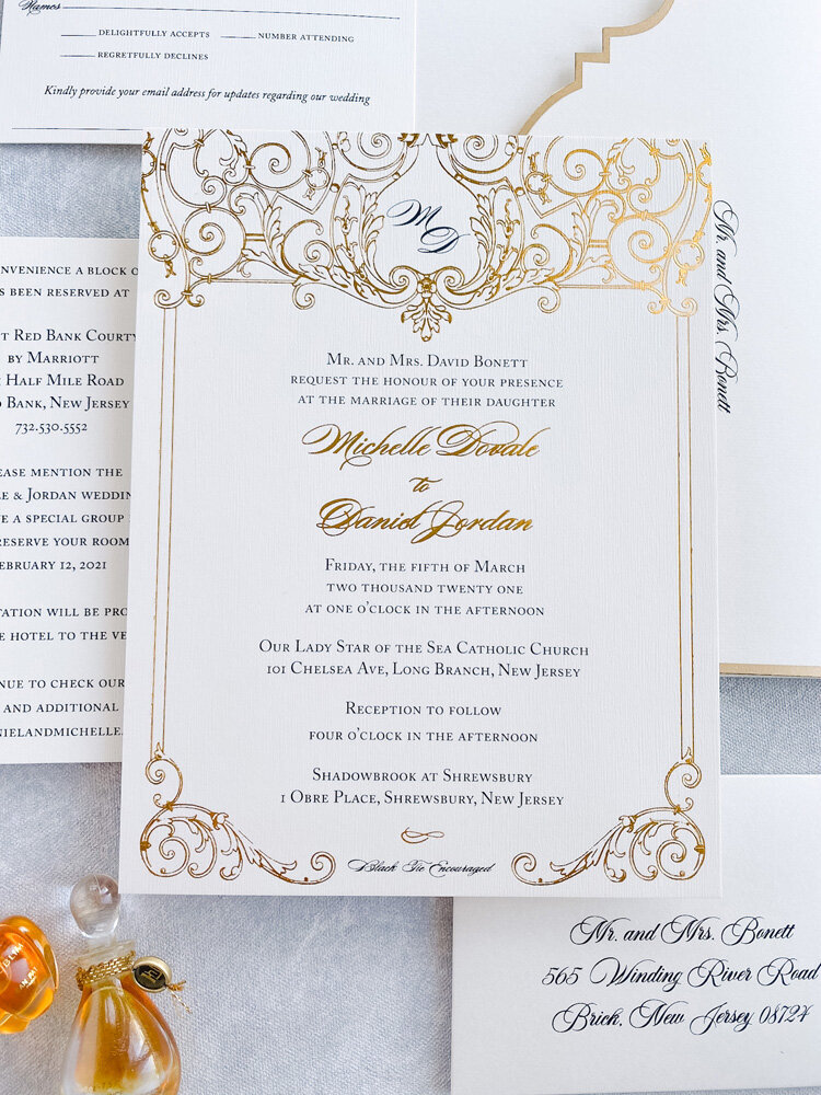 Luxury linen foil wedding invitation 