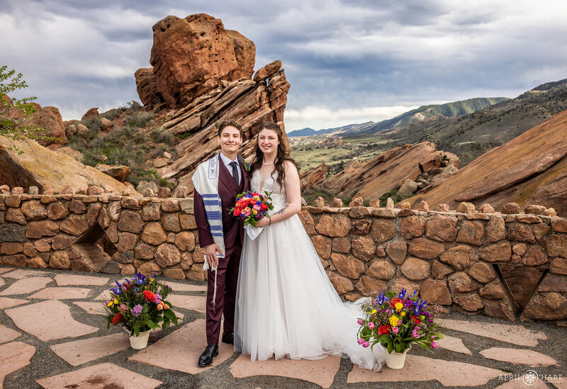 Couples Portrait at Red Rocks Trading Post Spring Wedding on a Cloudy Day
