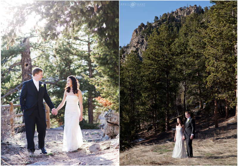 Couples wedding portrait in the woods at Narrow Trail Ranch outside of Estes Park VRBO property