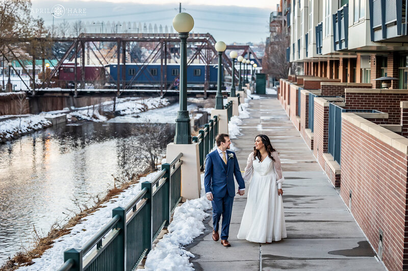Walking Along Cherry Creek at a Winter Wedding at Coohills in Denver