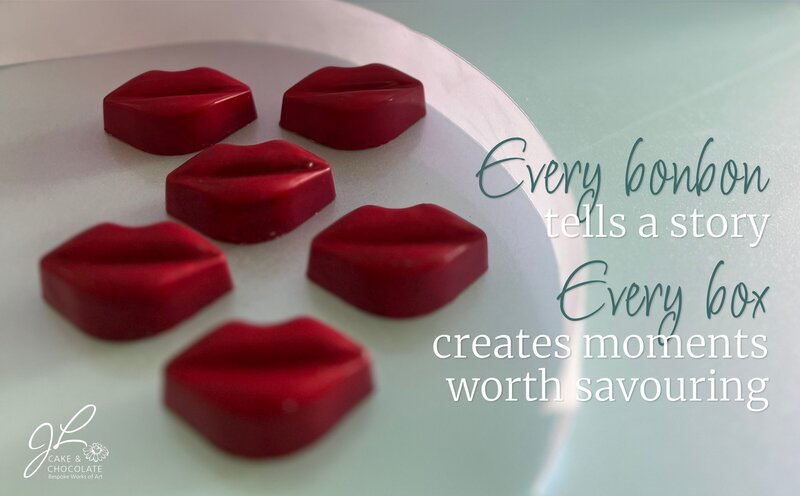 Chocolate lips bonbons with the text Every bonbon tells a story; every box creates moments worth savouring