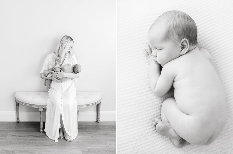 Black and whitel photo of a new mom looking down at her newborn baby in Daniele Rose Photography's natural light studio