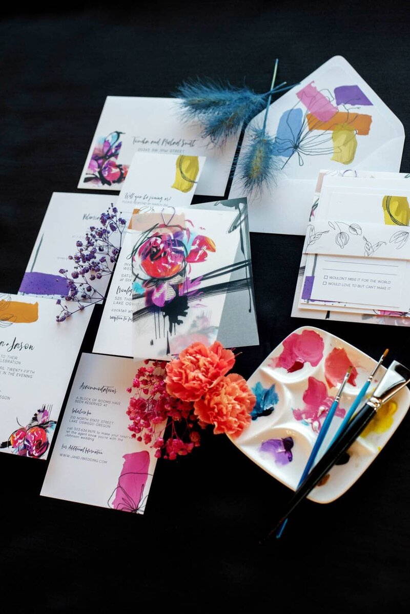 A really fun and colorful wedding invitation suite by Black Thistle Co.