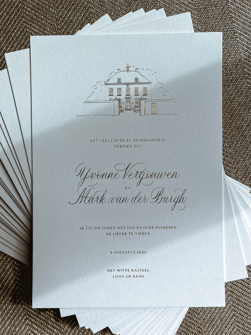 Goudfolie trouwkaart, foliedruk met locatieschets van Het Witte Kasteel, Illustratie, tekening en kalligrafie
