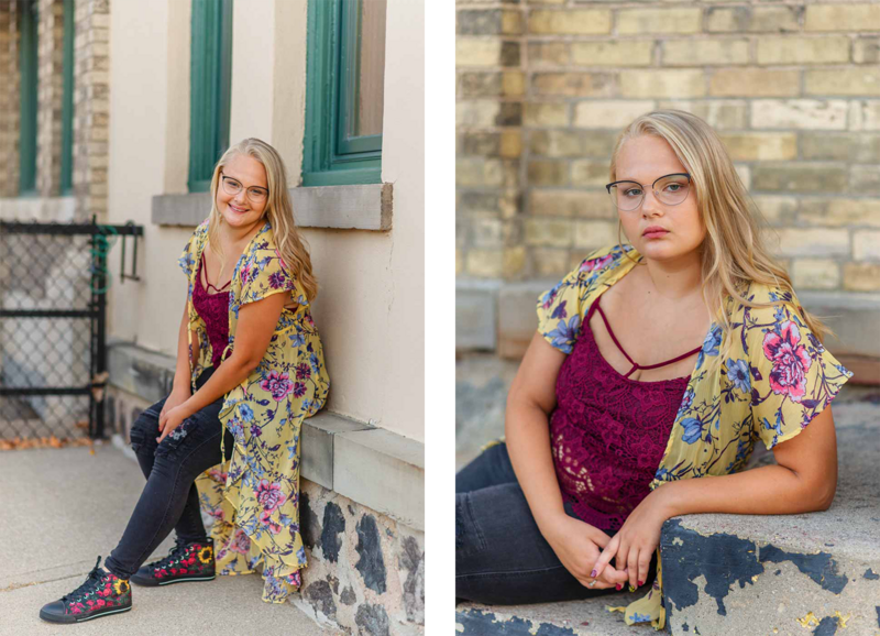 high school senior girl posed on brick backdrop and steps in lowell michigan