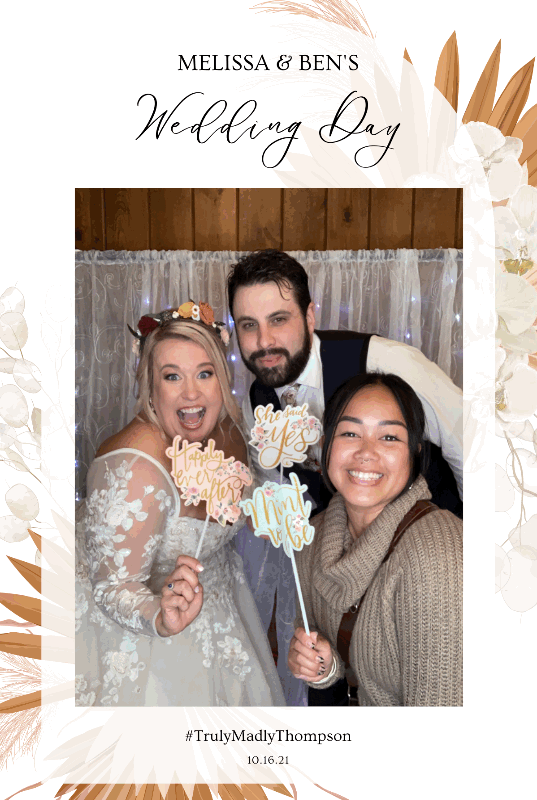 a gif of three people, bride, groom and photographer making silly faces in the photobooth
