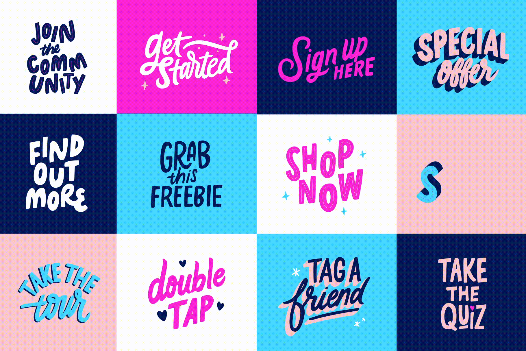 Collection of hand drawn and animated gifs call to action digital stickers for purchase.