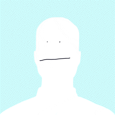 Animation of face avatar neutral expression then sad expression.  Blue background.