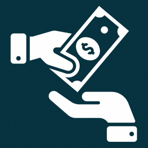 a graphic icon with 1 hand echanging money to another hand