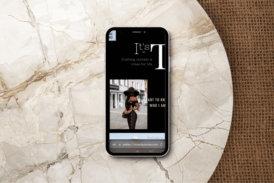 GIF image of a website for a content creator. Mobile view. Content creator website inspiration in a luxe, modern editorial style.